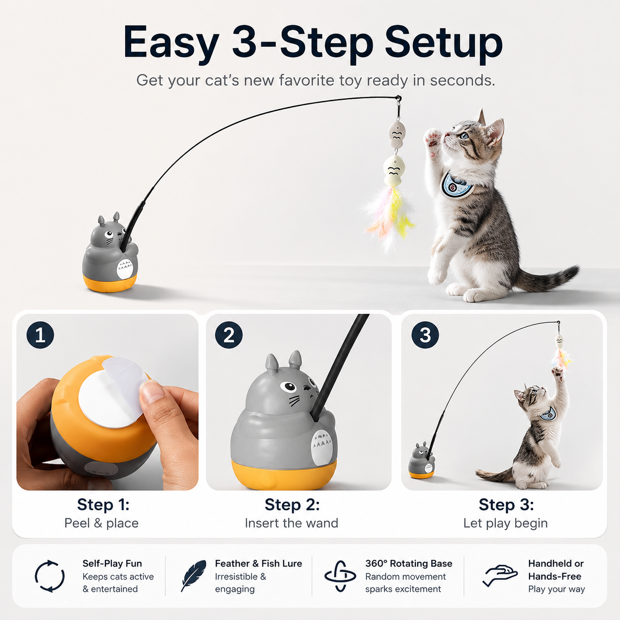 Automatic Cat Teaser Wand with Rotating Base – Interactive Feather Toy for Indoor Cats