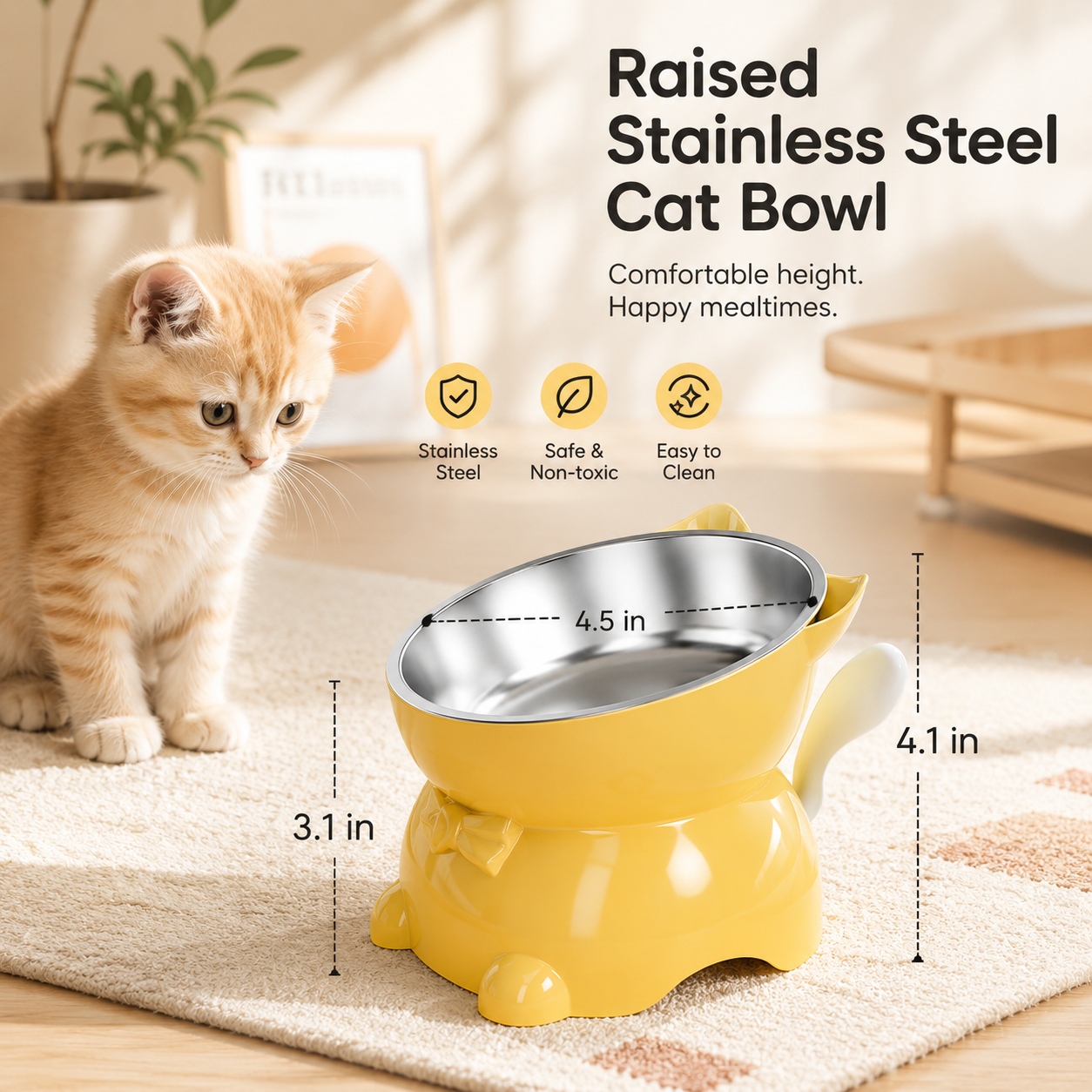 Raised & Tilted Cat Bowl with Removable Stainless Steel Insert – Elevated Feeding Bowl for Cats