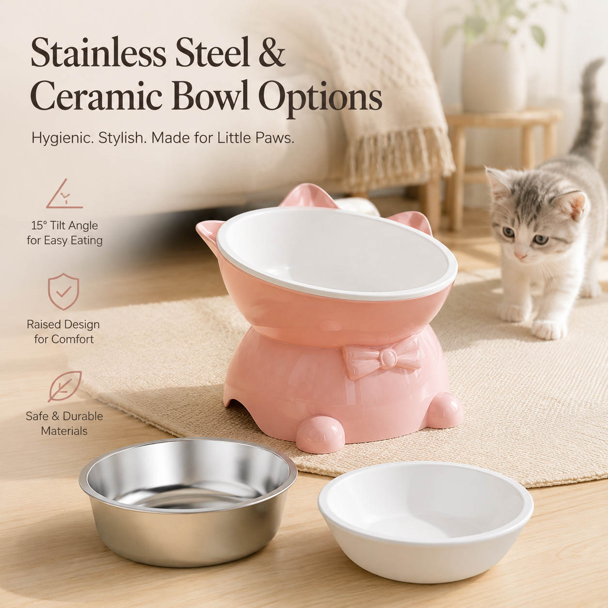 Raised & Tilted Cat Bowl with Removable Stainless Steel Insert – Elevated Feeding Bowl for Cats