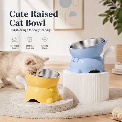 Raised & Tilted Cat Bowl with Removable Stainless Steel Insert – Elevated Feeding Bowl for Cats