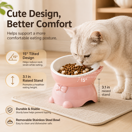 Raised & Tilted Cat Bowl with Removable Stainless Steel Insert – Elevated Feeding Bowl for Cats