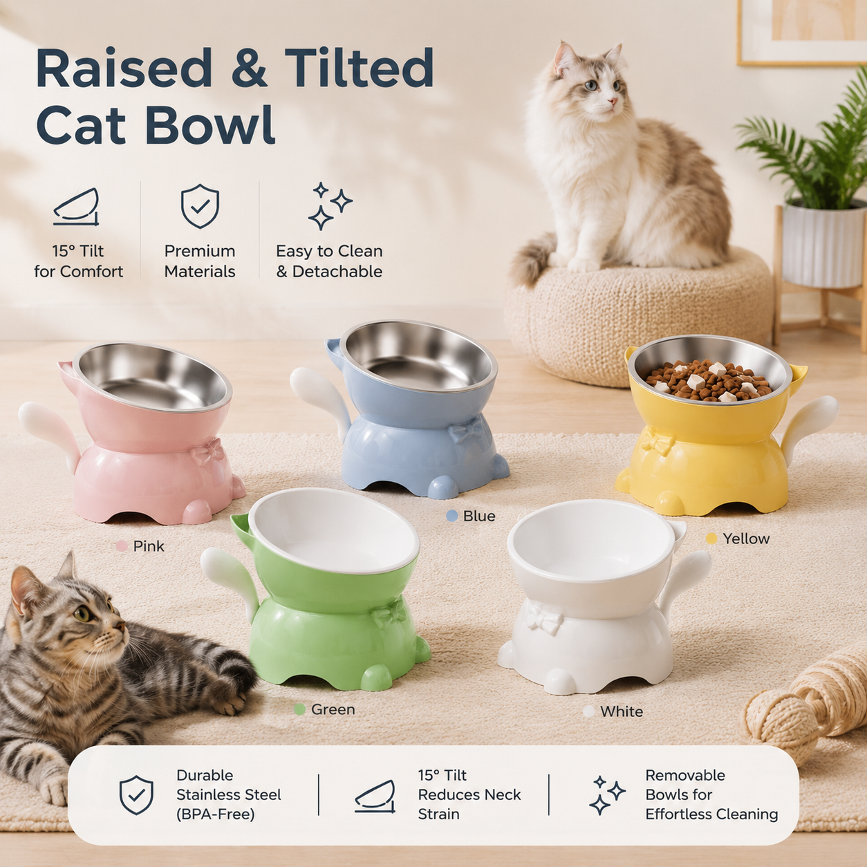 Raised & Tilted Cat Bowl with Removable Stainless Steel Insert – Elevated Feeding Bowl for Cats