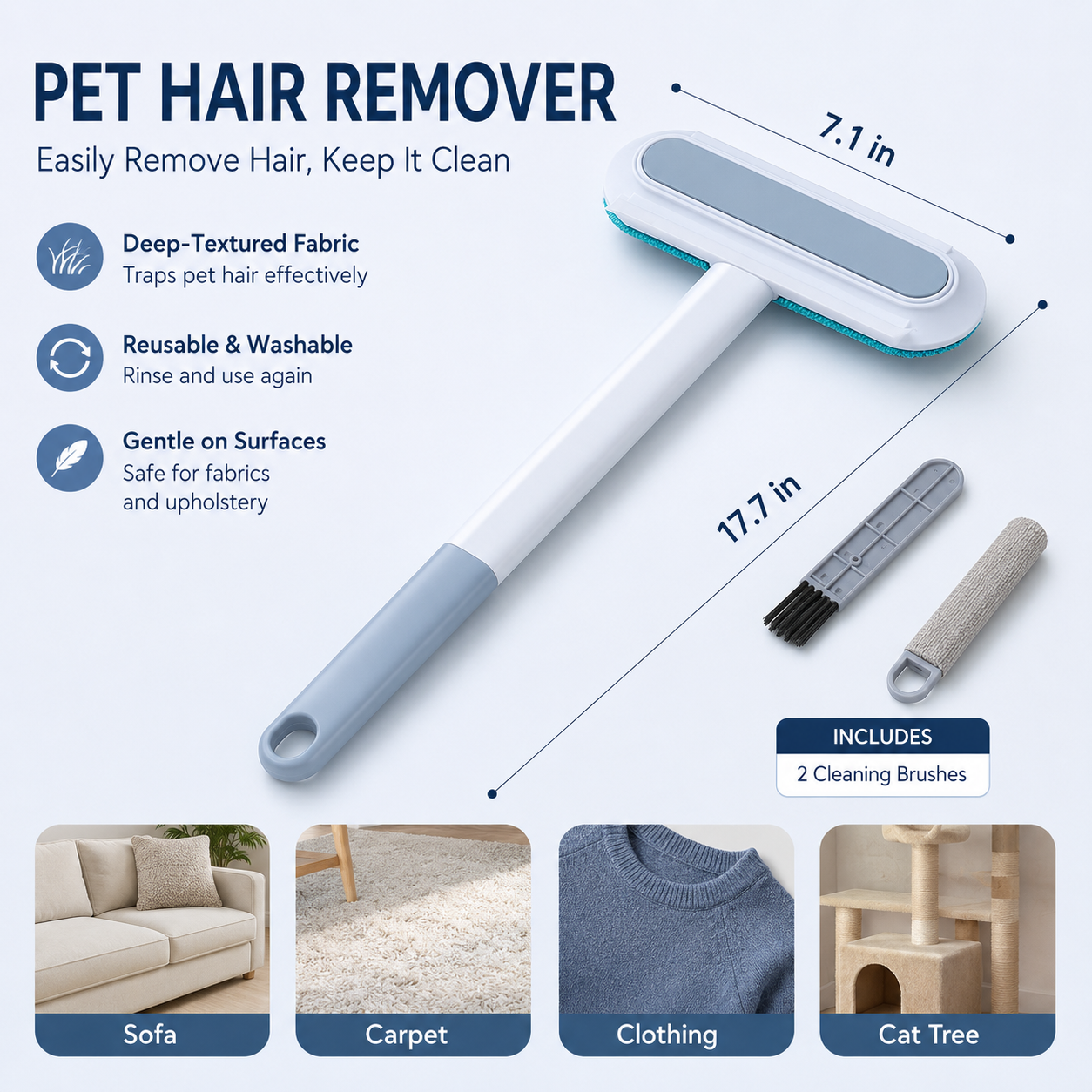 Reusable Pet Hair Remover Brush with Extended Handle – Washable Fur & Lint Cleaning Tool for Sofa, Carpet, Clothing & Cat Trees