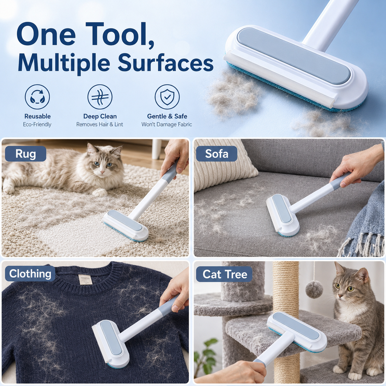 Reusable Pet Hair Remover Brush with Extended Handle – Washable Fur & Lint Cleaning Tool for Sofa, Carpet, Clothing & Cat Trees