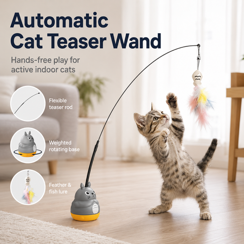 Automatic Cat Teaser Wand with Rotating Base – Interactive Feather Toy for Indoor Cats