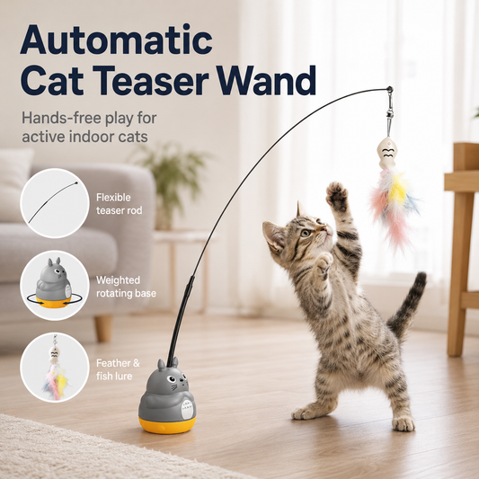 Automatic Cat Teaser Wand with Rotating Base – Interactive Feather Toy for Indoor Cats