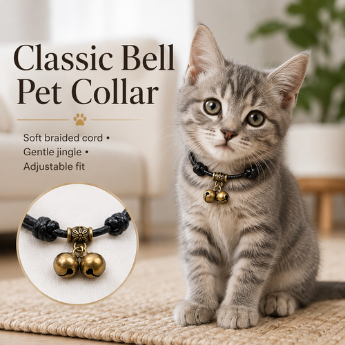 Vintage Bell Pet Collar – Adjustable Braided Collar with Double Bell Charm for Cats & Small Dogs