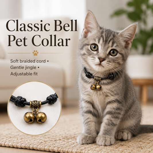 Vintage Bell Pet Collar – Adjustable Braided Collar with Double Bell Charm for Cats & Small Dogs