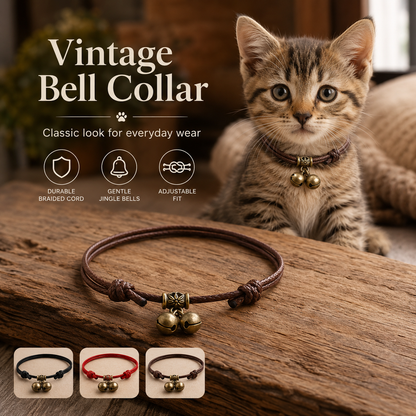 Vintage Bell Pet Collar – Adjustable Braided Collar with Double Bell Charm for Cats & Small Dogs